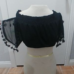 Bebe Black Mesh Crop Top w Lace Fringe XS